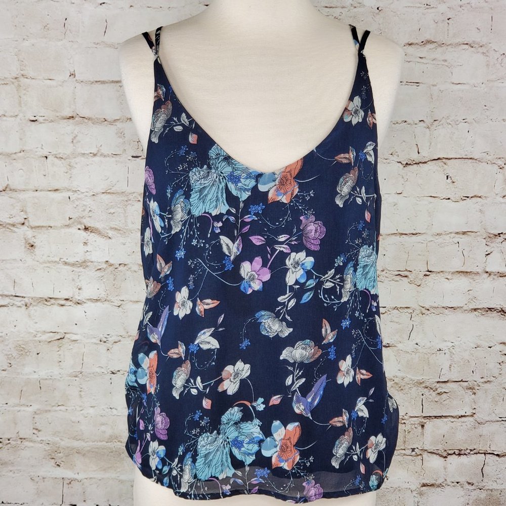 Devoted Navy Floral Print Double V Neck Tank M EUC